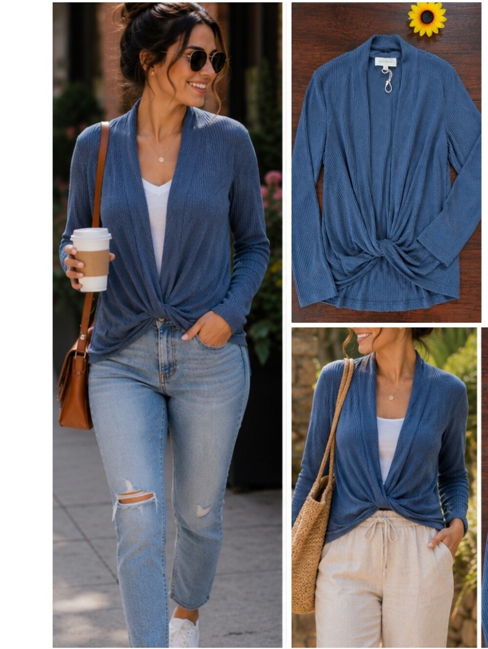 MELLODAY Blue Twist-Front Ribbed Cardigan